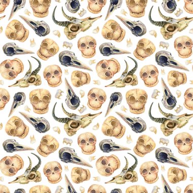 Funny human, goat, crow skulls seamless pattern. Watercolor halloween background