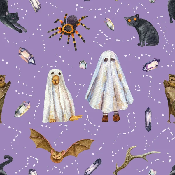 Watercolor Halloween Seamless Pattern Boy Dog Ghosts Funny Background Bat — Fotografia de Stock