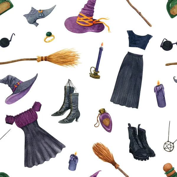 Stylish Witch Attributes Watercolor Halloween Clothes Seamless Pattern — Stockfoto
