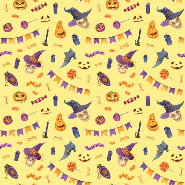 Watercolor Halloween Seamless Pattern Cartoon Skull Witch Hat Jack Lantern — Stockfoto