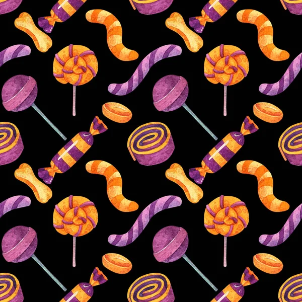 Watercolor Halloween Sweets Seamless Pattern Orang Purple Lollipops Sugar Striped — 스톡 사진