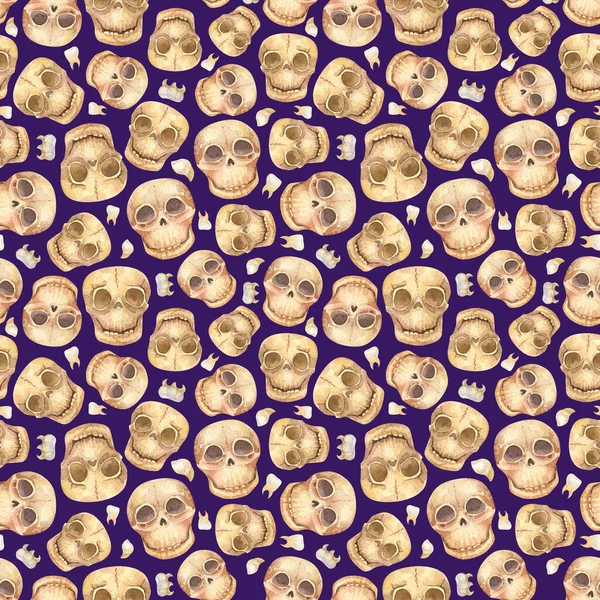 Funny Human Skulls Seamless Pattern Watercolor Halloween Background — Fotografia de Stock