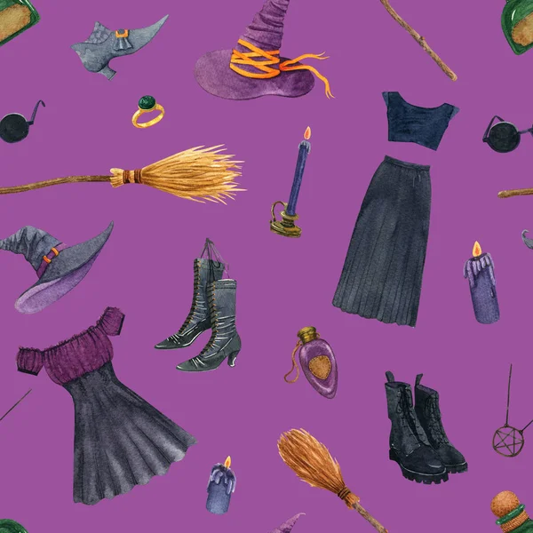 Stylish Witch Attributes Watercolor Halloween Clothes Seamless Pattern — Stockfoto