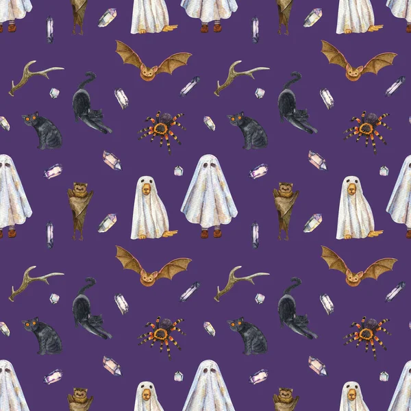 Watercolor Halloween Seamless Pattern Boy Dog Ghosts Funny Background Bat — Stockfoto