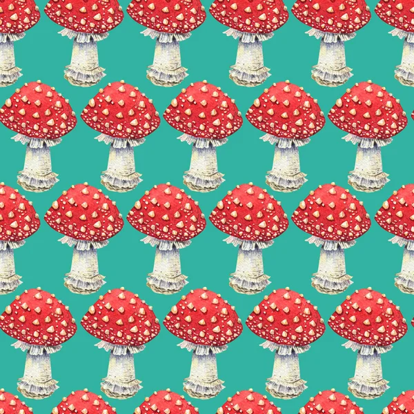 Watercolor mushrooms seamless pattern. Red amanita background