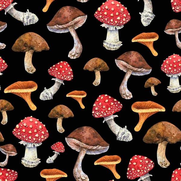 Watercolor Mushrooms Seamless Pattern Brown Porcini Orange Chanterelle Red Amanita — ストック写真