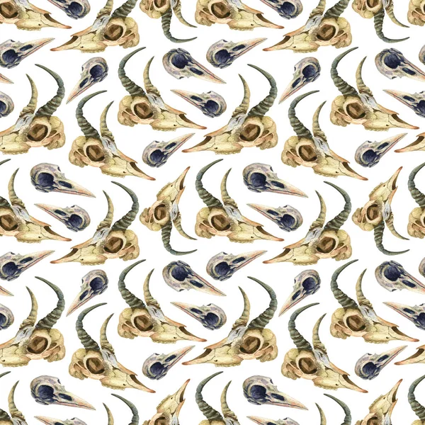 Funny goat, crow skulls seamless pattern. Watercolor halloween background