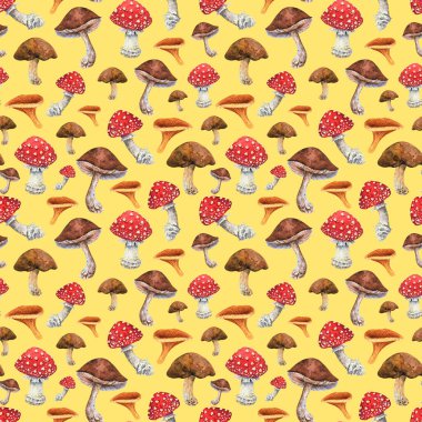 Watercolor mushrooms seamless pattern. Brown porcini, orange chanterelle, red amanita