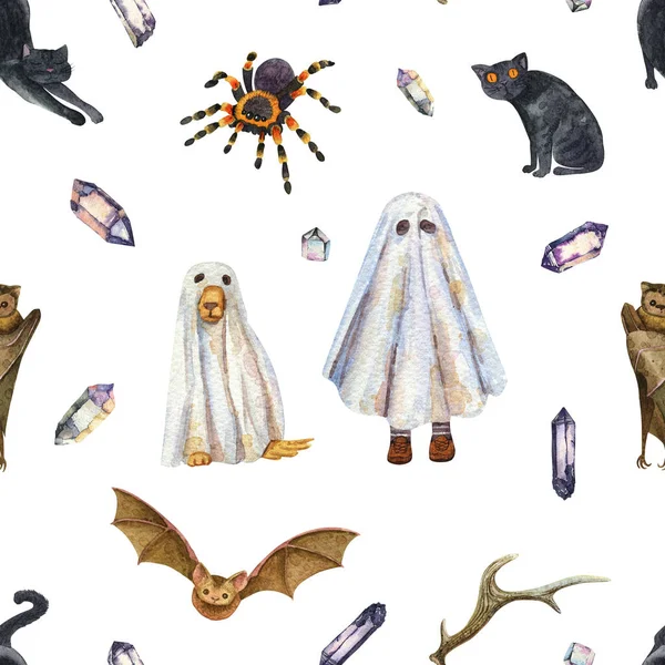 Watercolor Halloween Seamless Pattern Boy Dog Ghosts Funny Background Bat — Fotografia de Stock