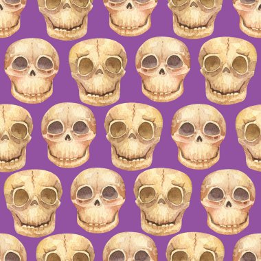 Funny human skulls seamless pattern. Watercolor halloween background