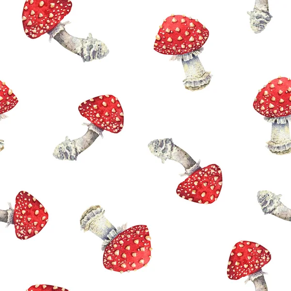 Watercolor Mushrooms Seamless Pattern Red Amanita Background — ストック写真
