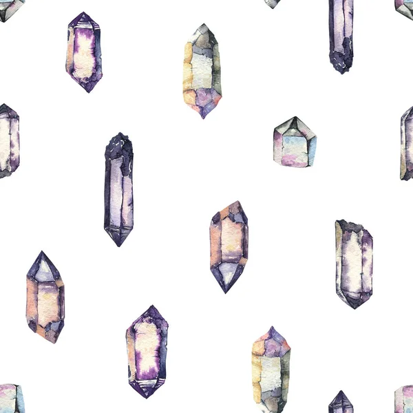 Seamless pattern with watercolor crystals. Magic mineral quartz