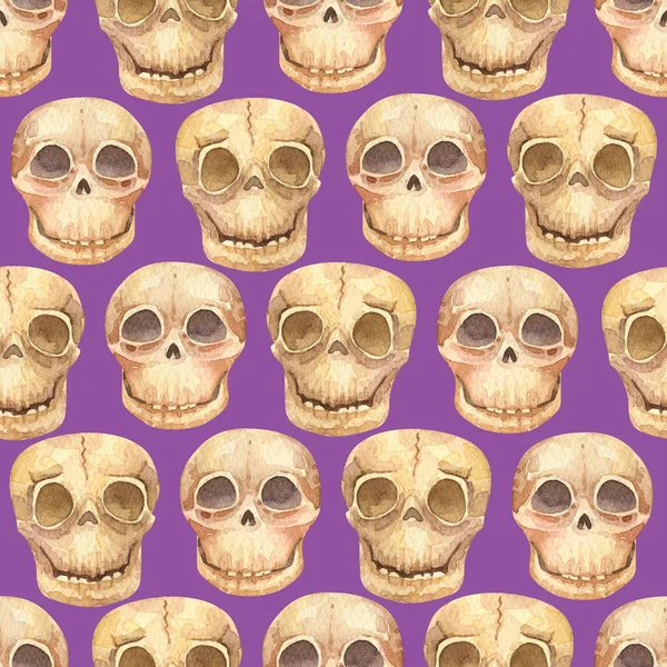 Funny Human Skulls Seamless Pattern Watercolor Halloween Background — Zdjęcie stockowe