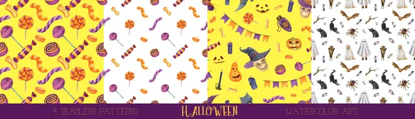 Halloween seamless pattern. Candy Stripes, Sugar Worm, Witch Hat, and Jack-o\'-Lantern Pumpkin, ghost, black cat, bat background