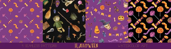 Halloween seamless pattern. Candy Stripes, Sugar Worm, Witch Hat, and Jack-o\'-Lantern Pumpkin, ghost, black cat, bat background