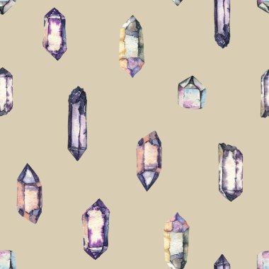 Seamless pattern with watercolor crystals. Magic mineral quartz