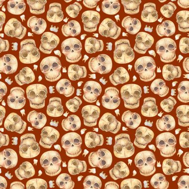 Funny human skulls seamless pattern. Watercolor halloween background