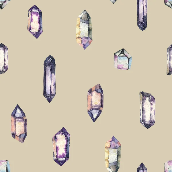 Seamless Pattern Watercolor Crystals Magic Mineral Quartz — Foto Stock