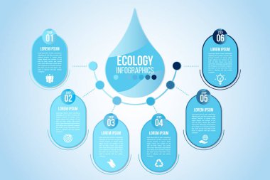 Infographic eko su mavi tasarım elementleri 6 adım ya da opsiyon parçalarını bir damla suyla işlerler. Sunum için ekoloji organik doğa vektörü iş şablonu.