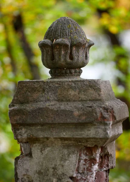 红砖花园里的柱子上挂着鞭子 有高大的杨树和安放在梯形砖柱上的一个大理石花瓶 — 图库照片