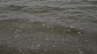 Güçlü bir kar fırtınasında göl suyu üzerindeki ilk buzun soyut videosu