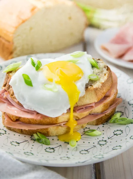 Fransız Croque Monsieur sandviçi, üzeri yumurta sarısı ve hafif bir ayarı var.