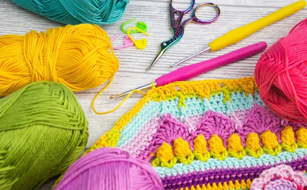 Colorful Skeins Yarn Arranged Crochet Hooks Crafting Scissors Stitch Markers — ストック写真