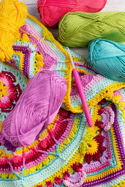 Colorful Skeins Yarn Arranged Next Crocheted Blanket — ストック写真