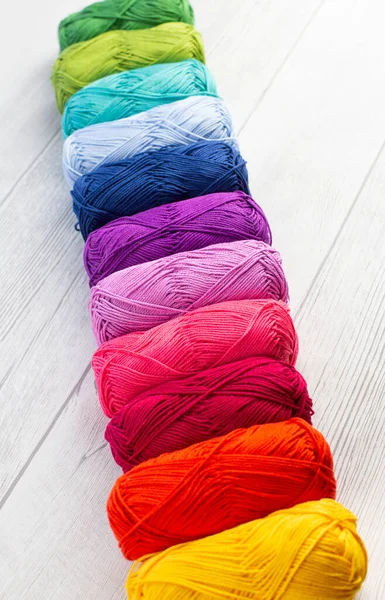 Rainbow Colored Skeins Yarn Laid Row Light Background — ストック写真