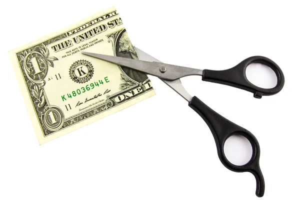 One dollar cut in half with scissors — Stock Photo, Image