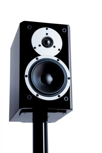 Black audio speakers on black stand — Stock Photo, Image