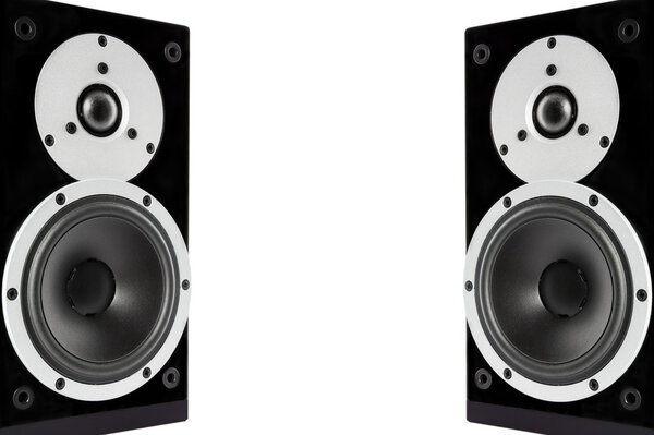 Pair of black high gloss music speakers isolated on white background