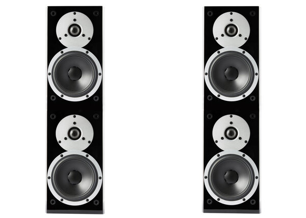Pair of black high gloss music speakers isolated on white background