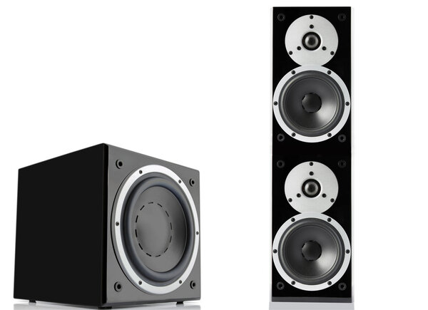 Black glossy loudspeaker and subwoofer isolated on black background