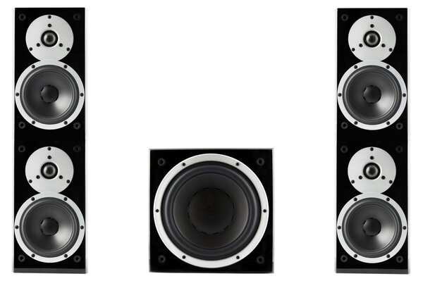 Pair of black high gloss music speakers and subwoofer isolated on white background