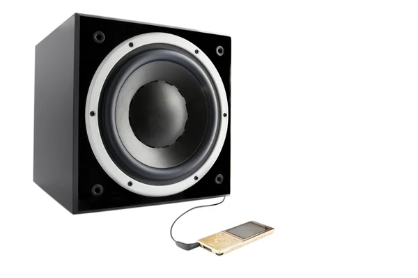 Black subwoofer and mp4 player — Stock Photo, Image