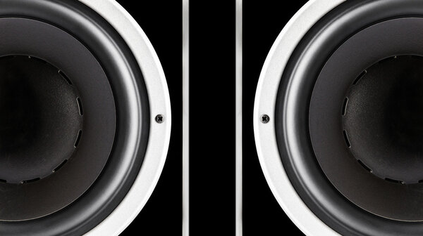 Pair of black sound speakers membrane isolated on black background