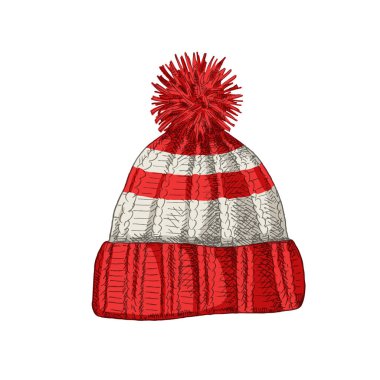 Elle çizilmiş, ponponlu bir şapka. Beyaz arka planda izole bir skeç. Vektör illüstrasyonu.