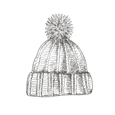 Elle çizilmiş, ponponlu bir şapka. Beyaz arka planda izole bir skeç. Vektör illüstrasyonu.