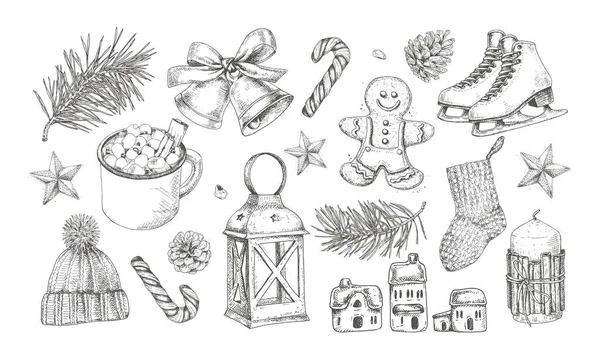 Winter Elements Set Gingerbread Man Sugar Cane Candy Knitted Sock — ストックベクタ