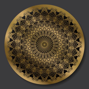 Siyah arka planda altın renkli lüks mandala tasarımı. Çiçek desenli mandala. Yoga şablonu. Lazer kesme dosyaları Vektör illüstrasyonu.