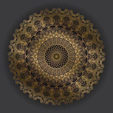 Siyah arka planda altın renkli lüks mandala tasarımı. Çiçek desenli mandala. Yoga şablonu. Vektör illüstrasyonu.