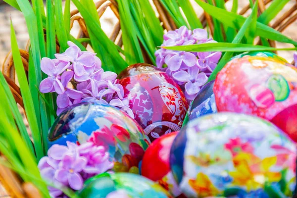 Sümbül ve çimen süsleme Paskalya yumurtaları sepeti