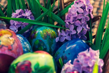 Güzel mor sümbüller çizgili sepet rengarenk paskalya yumurtaları.