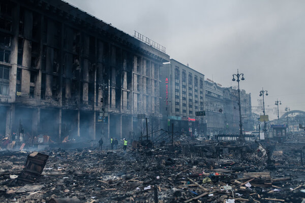 Burned building at the Maidan in Kyiv, Ukraine