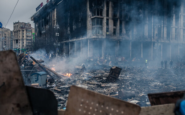 Burned building at the Maidan in Kyiv, Ukraine