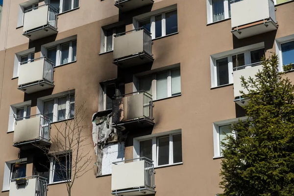 Okna Mieszkalne Płonęły Pożarze Budynku Lat Gdyni Polska — Zdjęcie stockowe