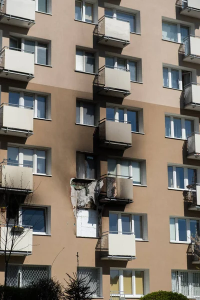 Fenêtres Appartement Brûlées Après Incendie Dans Immeuble Des Années Gdynia — Photo