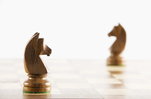 Cavaleiros de xadrez em um tabuleiro de xadrez — Fotografia de Stock