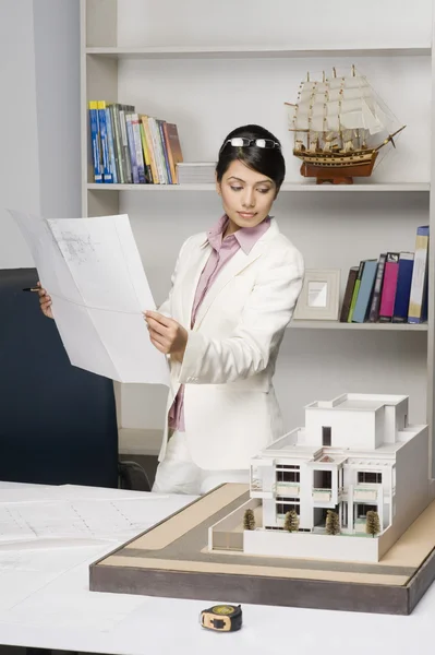 Empresária segurando um plano — Fotografia de Stock